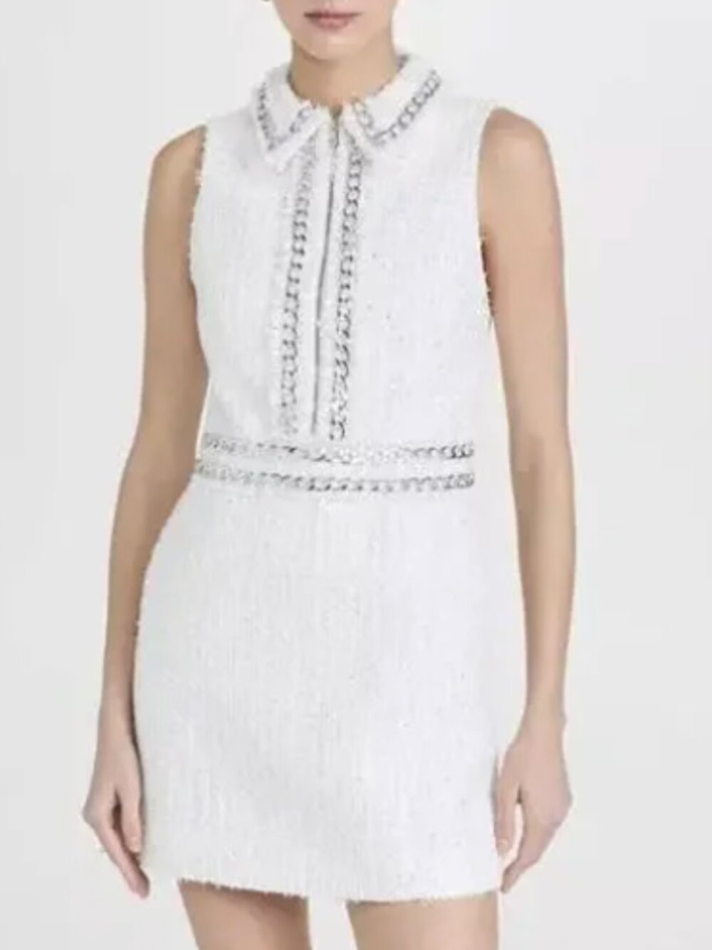 Alice + Olivia Tweed Collar White Mini Dress - Ellis Chain Trim Zip Front Sz 10